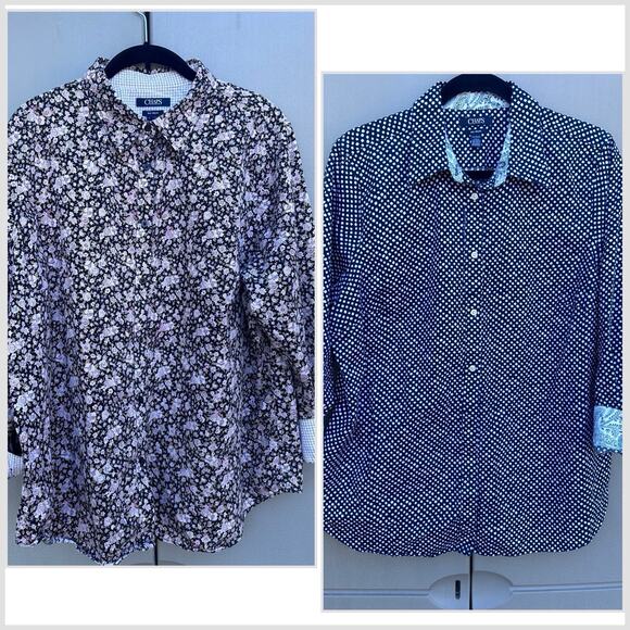 Lot x 2 Chaps No Iron Button Up Shirts 1X Floral & Polka Dots Cotton Flip Cuff - Picture 2 of 14